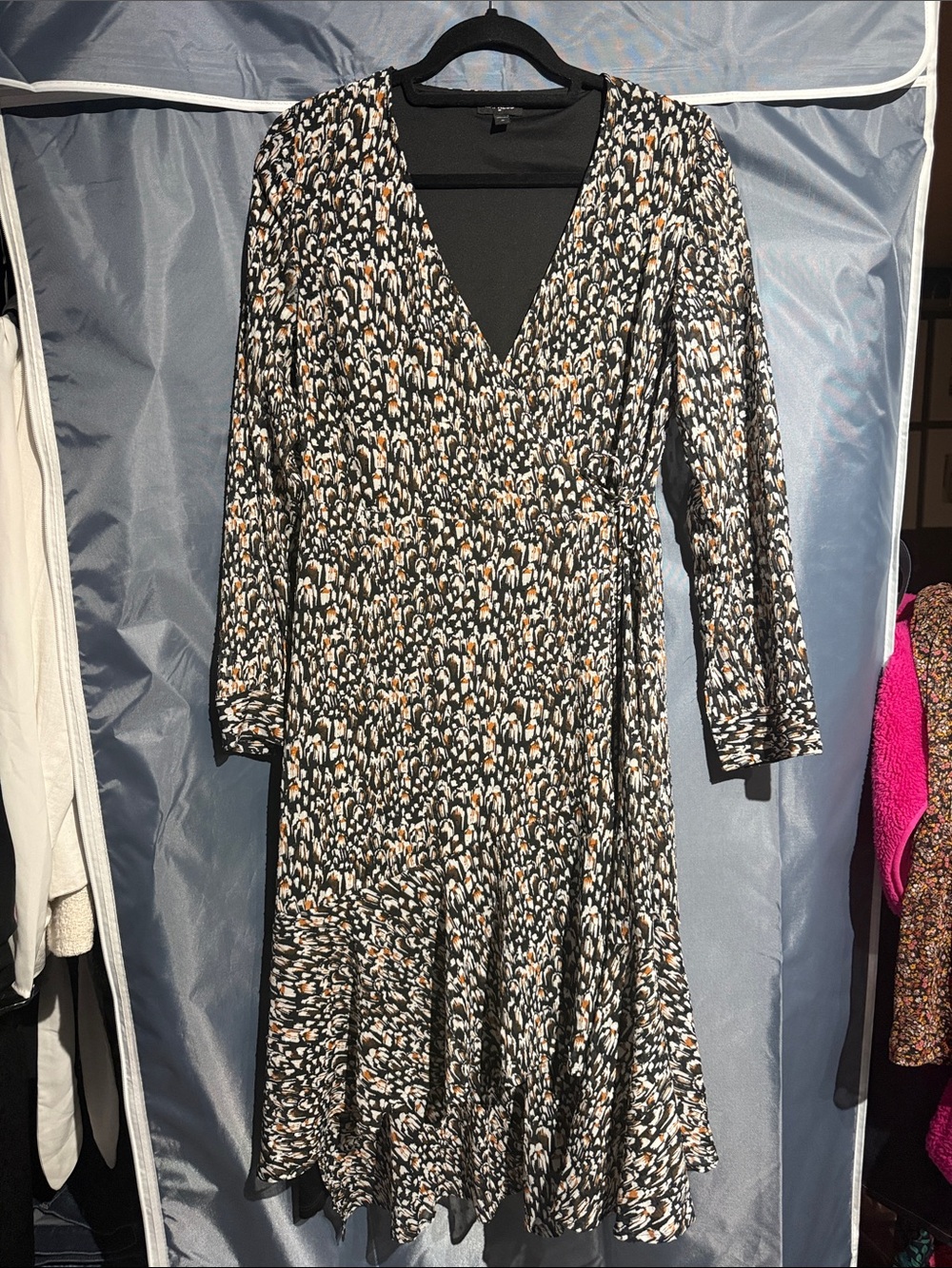Express Black Floral-Print Wrap Dress with Cream and Tan Accents